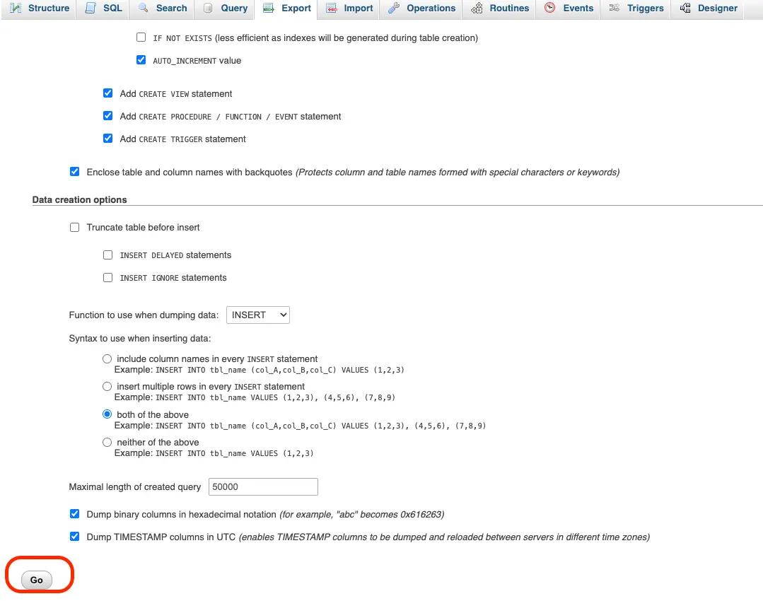 ภาพหน้าจอแสดงการส่งออกของฐานข้อมูล WooCommerce