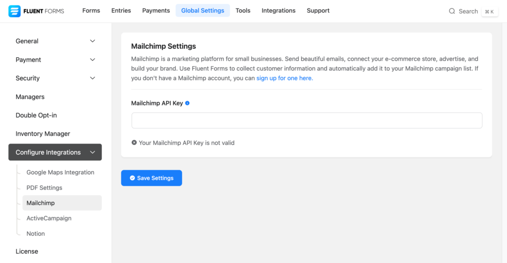 Предоставьте ключ API для Mailchimp.