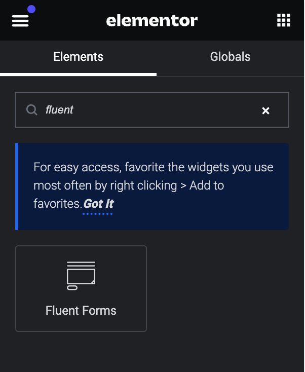 Найдите виджет Fluent Forms в Elementor