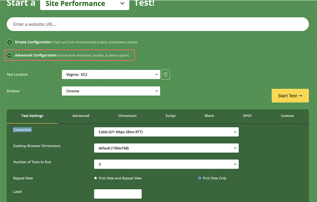 WebpageTest Advanced Configuration