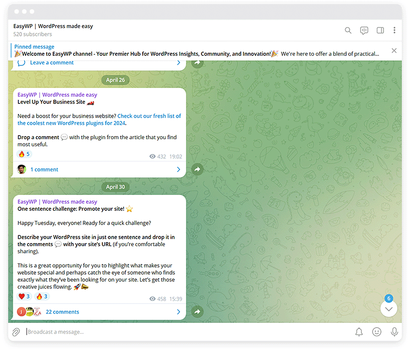 Zrzut ekranu kanału EasyWP Telegram