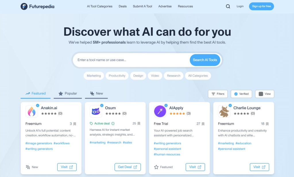 Futurepedia，一個人工智慧工具目錄網站。