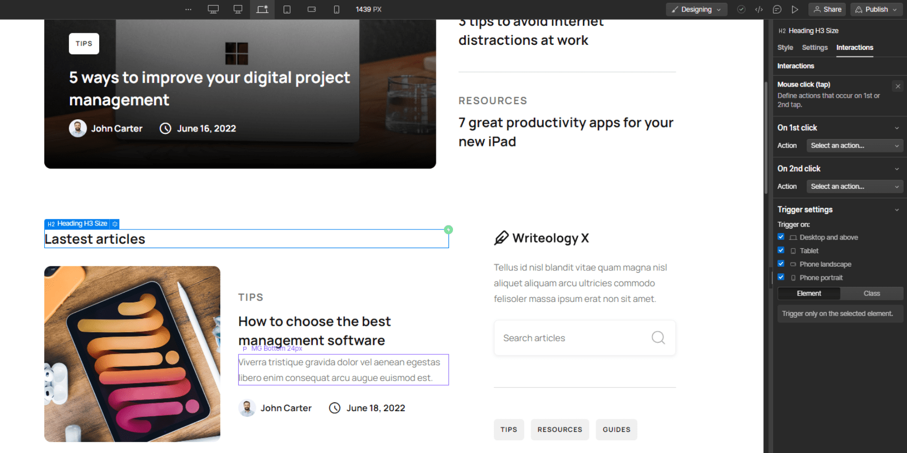 Una captura de pantalla del menú de interacciones de Webflow