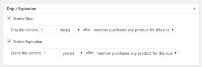 Impostazioni di drip e scadenza MemberPress