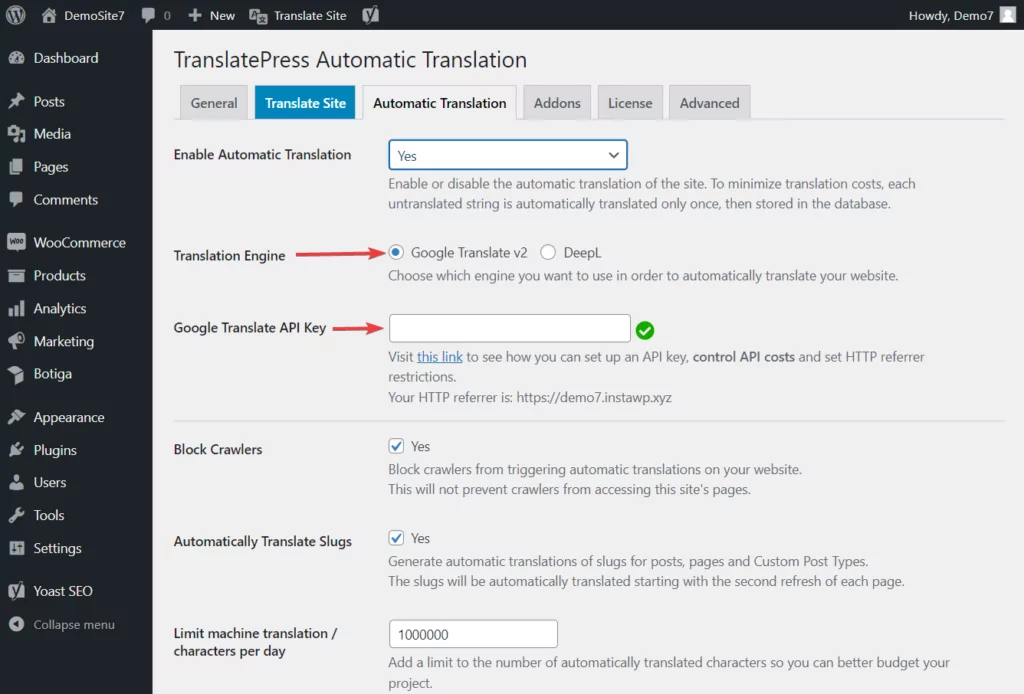 Ключ API системы перевода TranslatePress