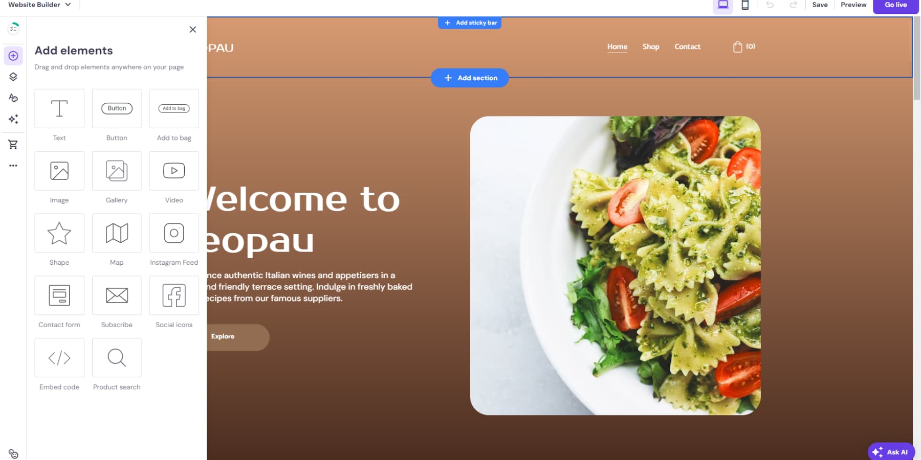 Скриншот редактора Hostinger Website Builder