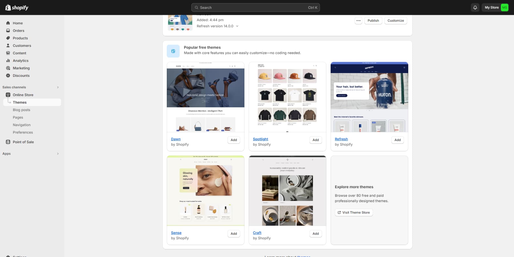 Ein Screenshot der kostenlosen Themes von Shopify