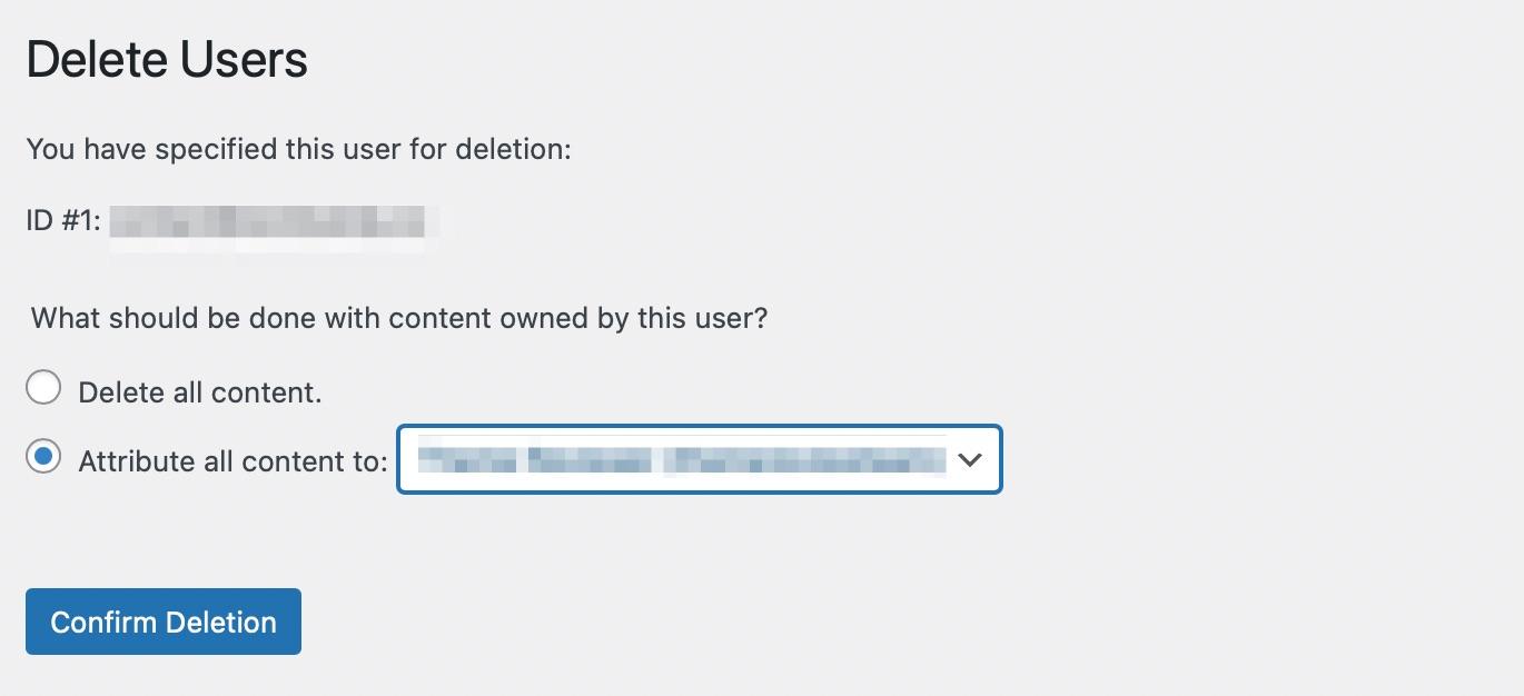 Par conséquent, vous devrez cocher la case indiquant Attribuer toutes les publications à et utiliser la liste déroulante pour sélectionner le nouvel utilisateur administrateur.