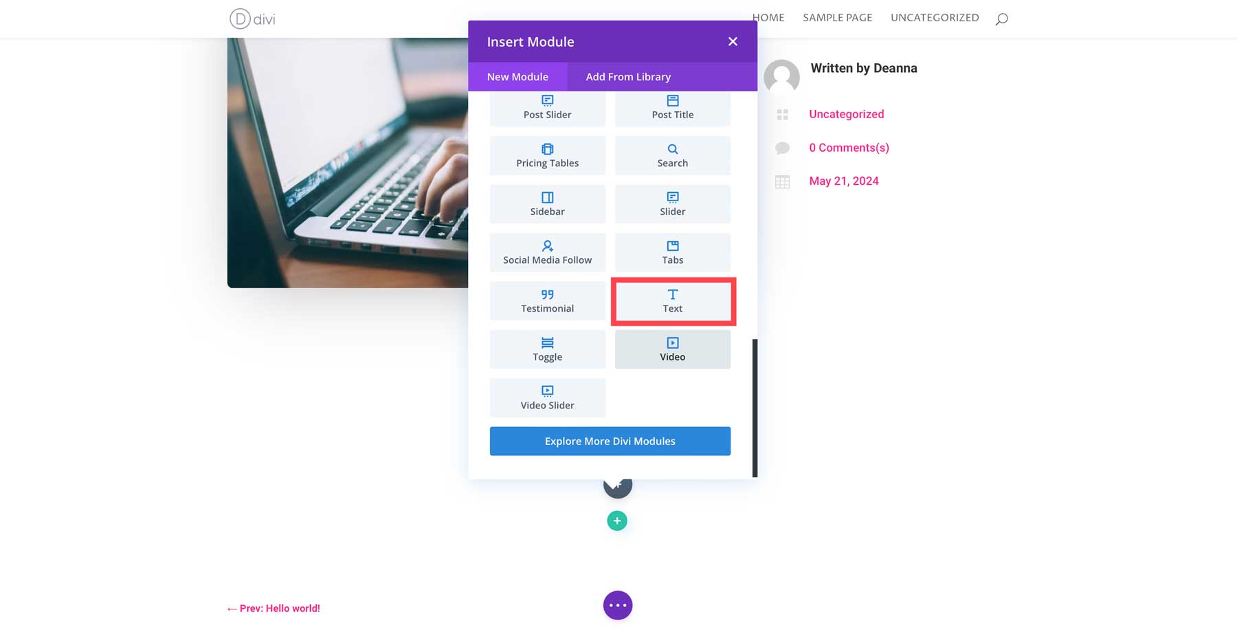 adicionar módulo de texto Divi