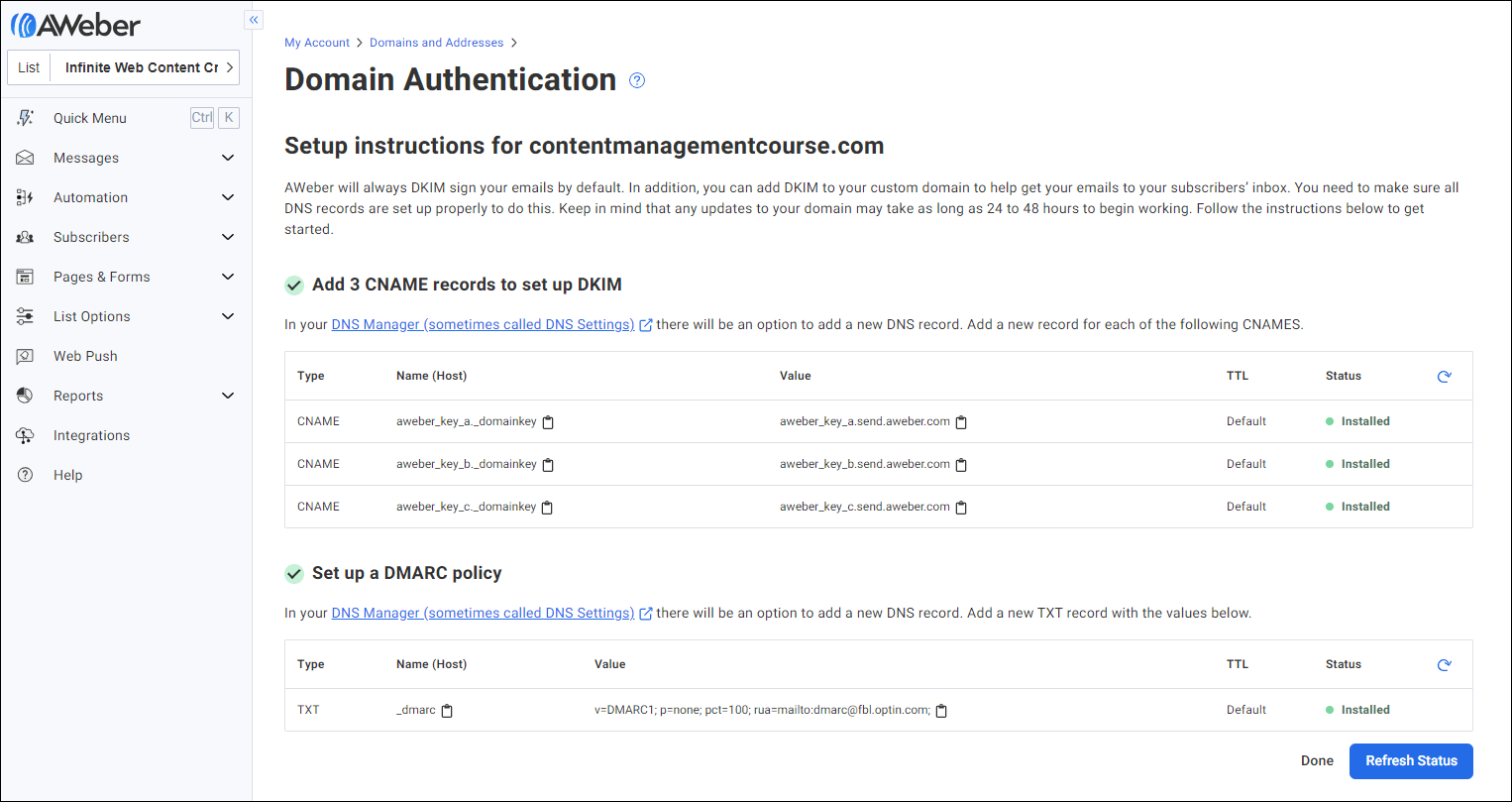 Der Aweber-Domänenauthentifizierungsbildschirm zeigt eine vollständig authentifizierte E-Mail-Domäne.