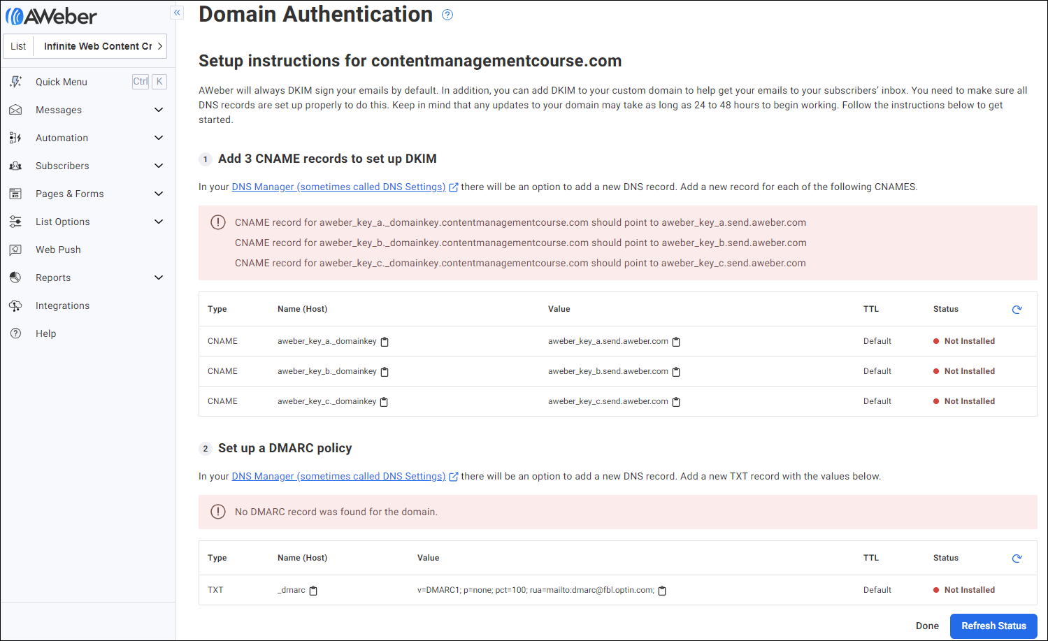 Layar Otentikasi Domain AWeber