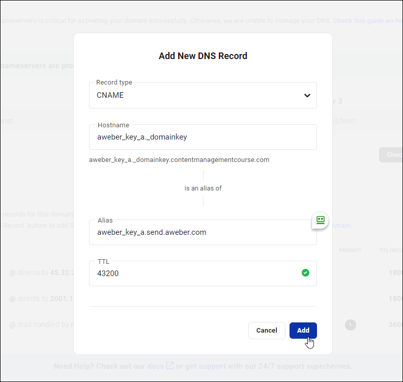 Écran Ajouter un nouvel enregistrement DNS avec CNAME sélectionné dans le champ Type d'enregistrement et l'enregistrement de nom d'hôte collé