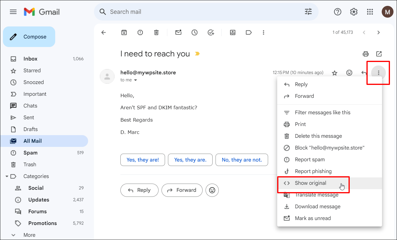 Gmail: mostra l'opzione di menu originale selezionata.