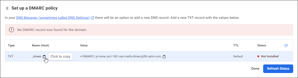 หน้าจอตั้งค่านโยบาย DMARC ของ Aweber พร้อมข้อความที่ถูกคัดลอกไปยังคลิปบอร์ด