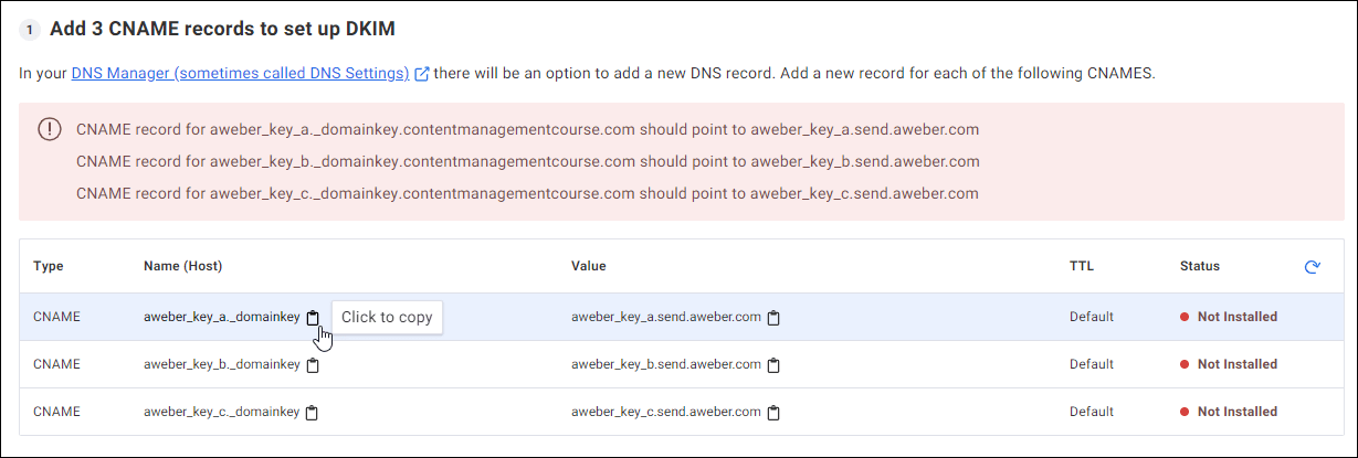 Data CNAME yang disediakan oleh penyedia layanan email disalin ke clipboard.