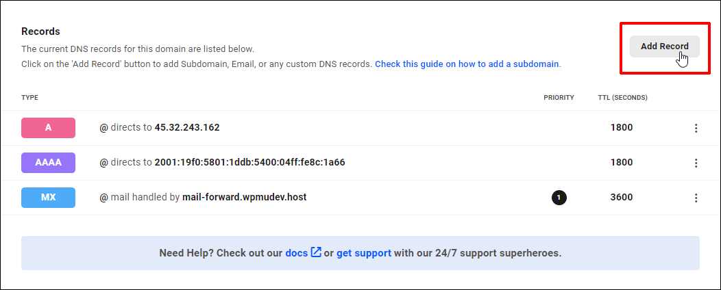 ハブの DNS マネージャー - レコードの追加