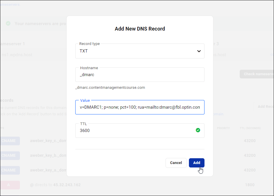 添加新的 DNS 记录屏幕。