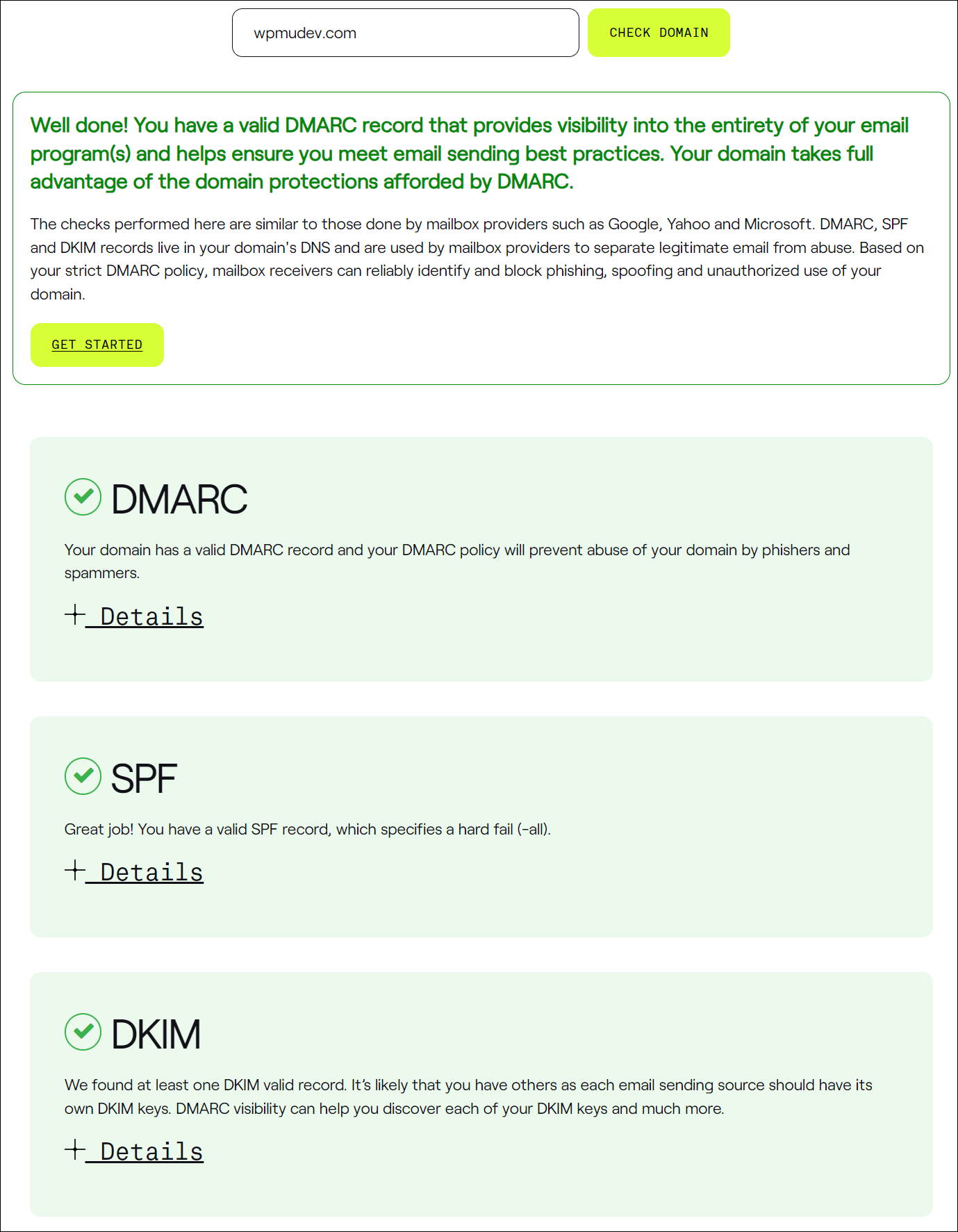 Resultados del Comprobador de dominio DMARC