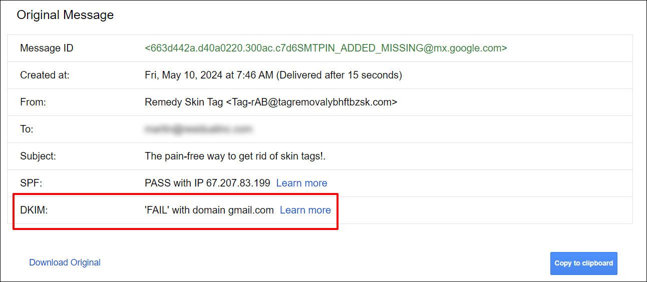 Intestazione email Gmail: record di errori DKIM