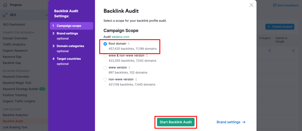 Această imagine arată opțiunea Backlink Audit a instrumentului SEMrush.