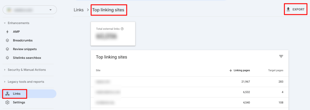 Esta imagem mostra os principais sites com links de um site no Google Search Console