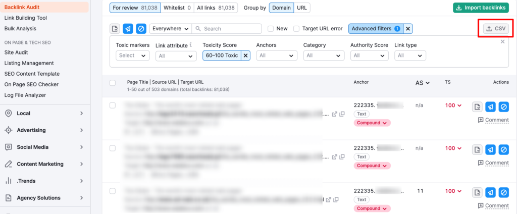 이 이미지는 SEMrush를 사용하여 유해한 백링크를 내보내는 방법을 보여줍니다.