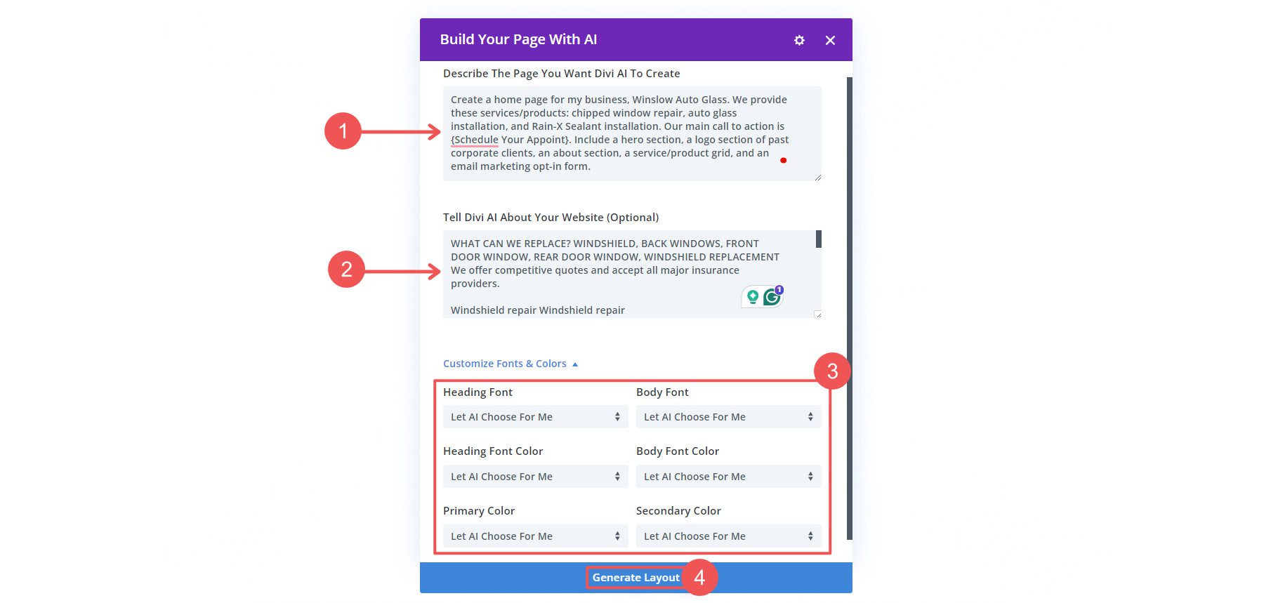 Divi AI Small Business AI Invite à créer une page