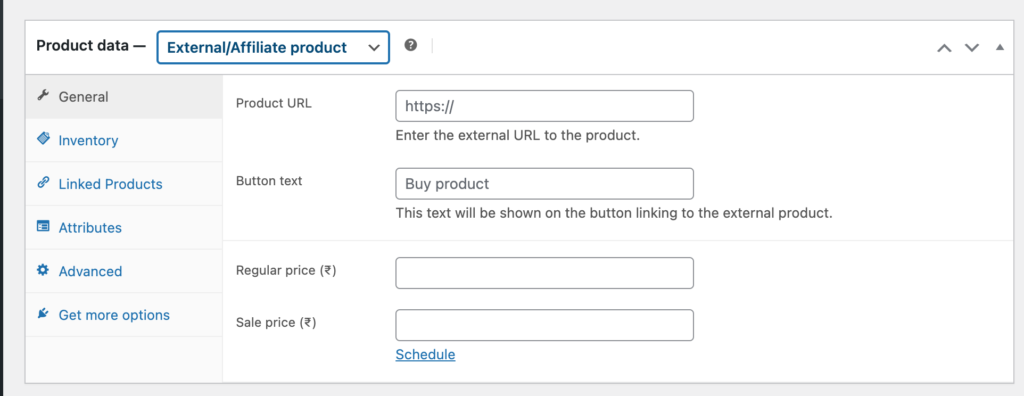 Ceci est une capture d'écran des produits externes/affiliés WooCommerce