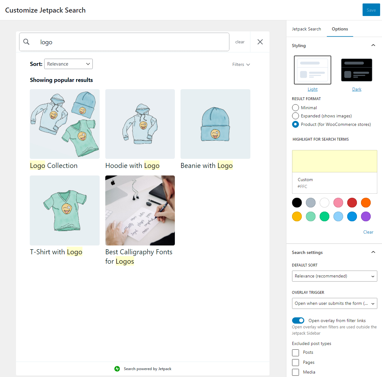 configuración para resultados de búsqueda