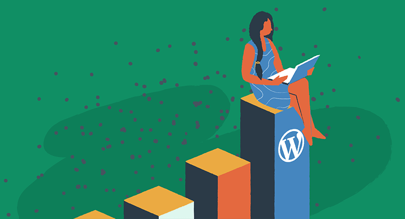 Un dezvoltator WordPress stă deasupra unei bare albastre cu sigla WordPress lucrând pe un laptop