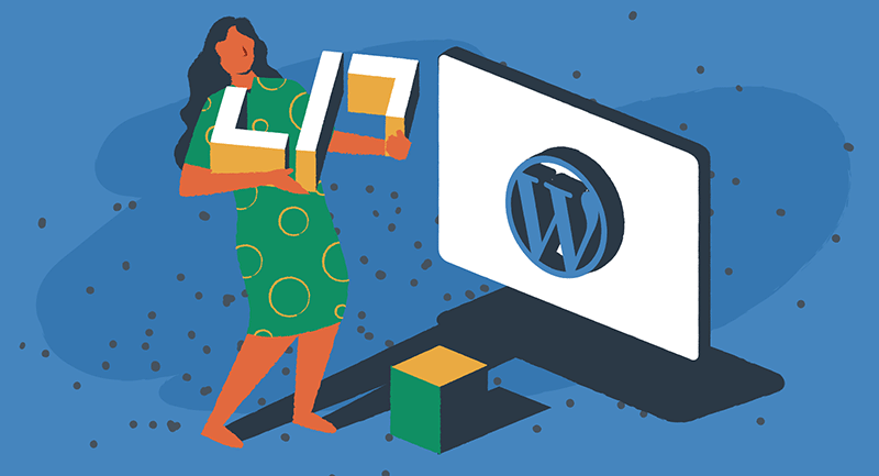 Una mujer construye un sitio web de WordPress frente a un fondo azul