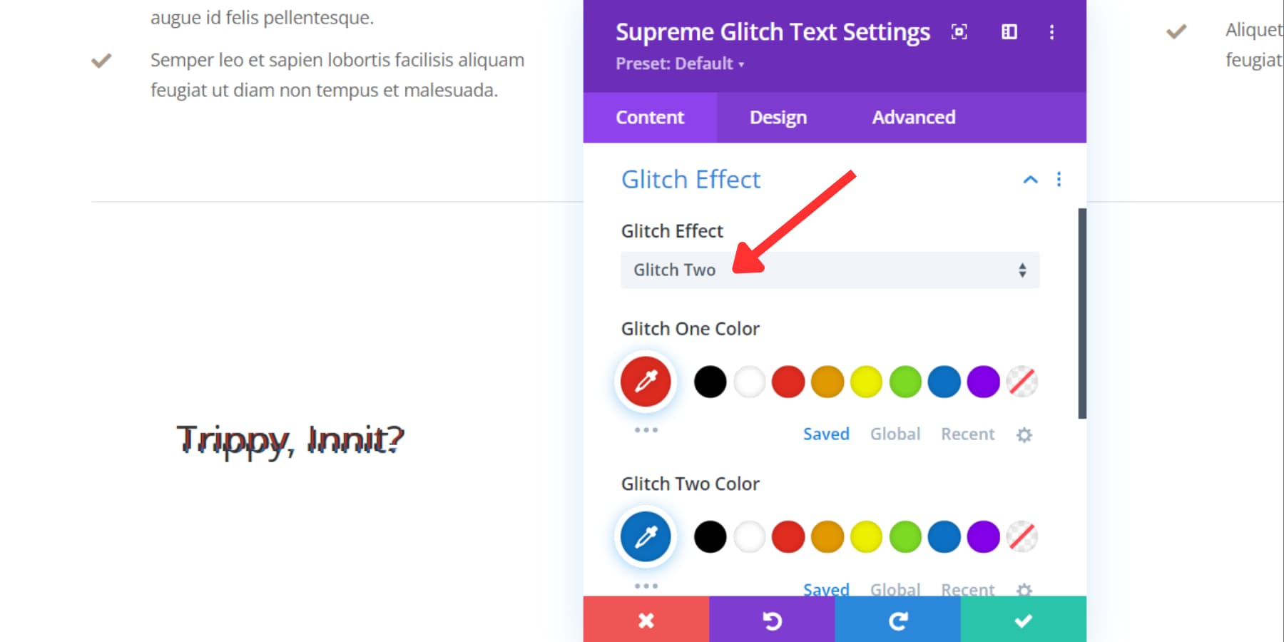 O captură de ecran a efectelor de text Glitch ale Divi Supreme Pro