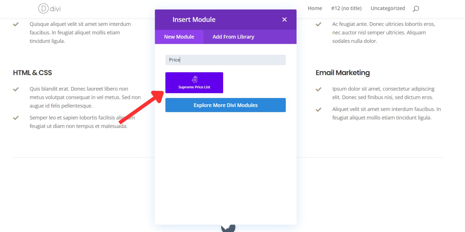 Tangkapan layar Modul Daftar Harga Divi Supreme Pro