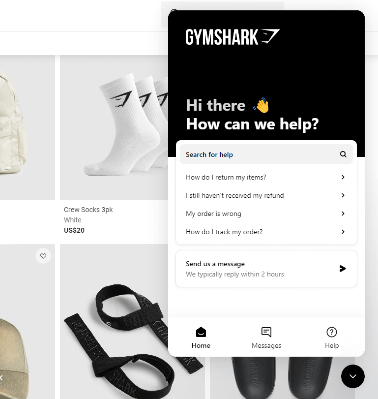 Bu gymshark müşteri hizmetlerinin ekran görüntüsü