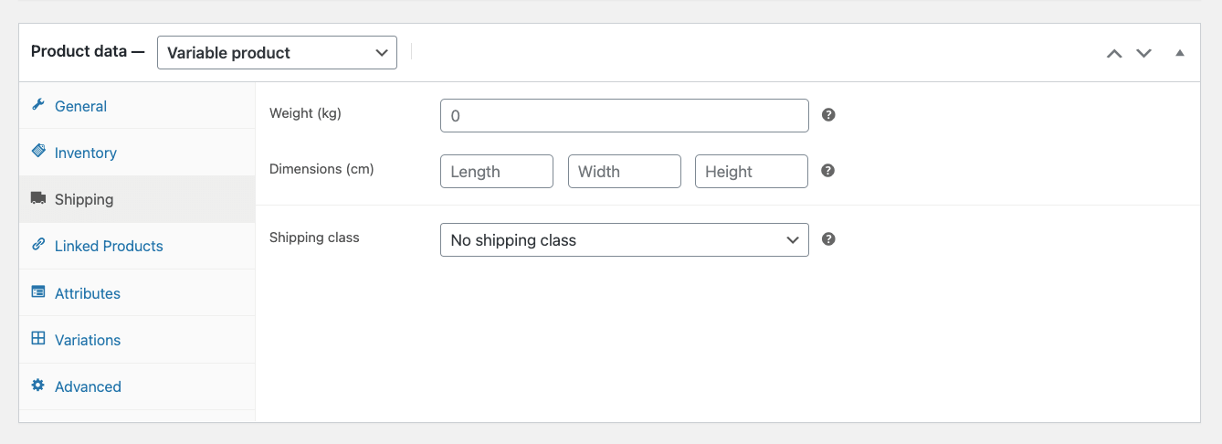 Dati di spedizione del prodotto WooCommerce - Prodotto variabile WooCommerce