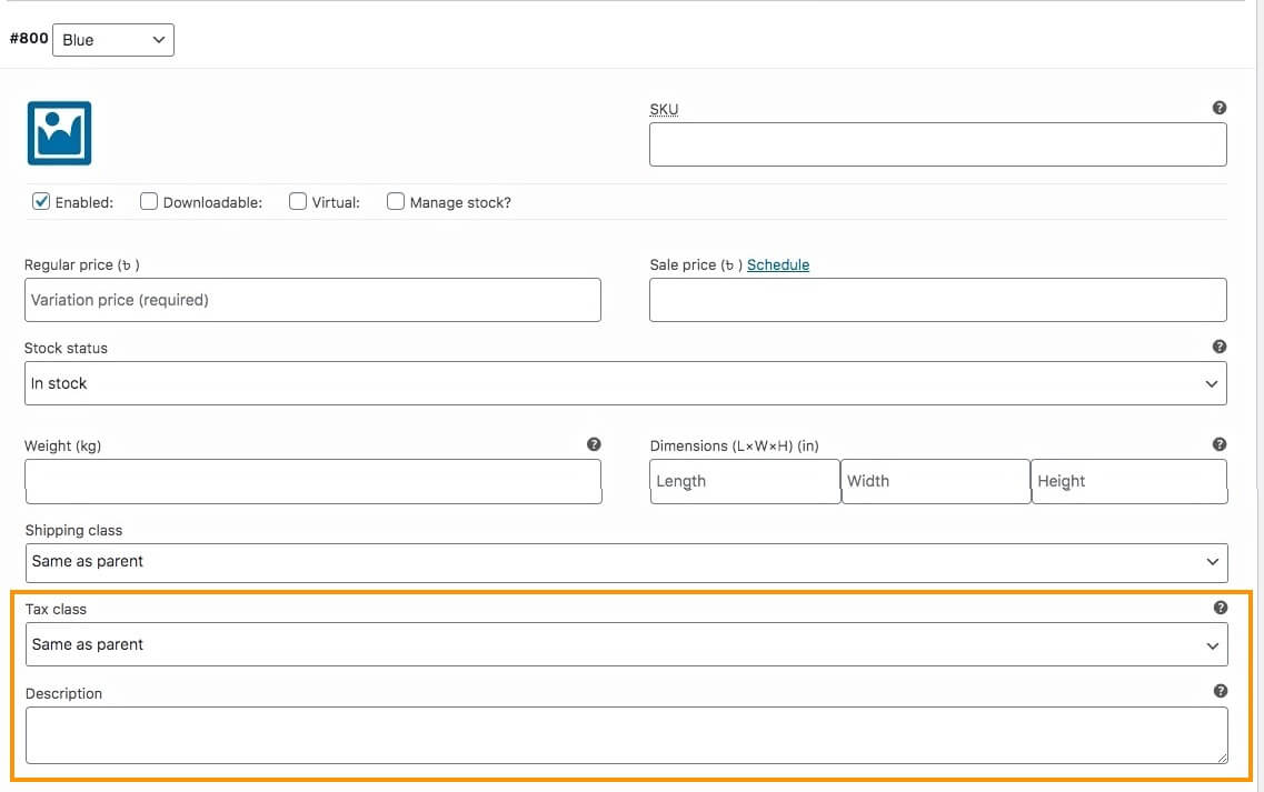 Tasse e descrizione - Prodotto variabile WooCommerce