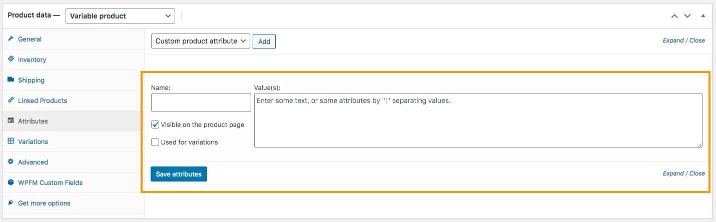 Aggiunto attributo personalizzato: per il prodotto variabile WooCommerce