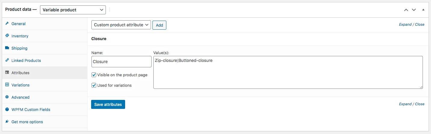 Настроен пользовательский атрибут — для переменного продукта WooCommerce