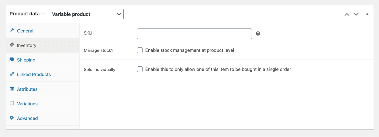 Dati di inventario dei prodotti WooCommerce - Prodotto variabile WooCommerce