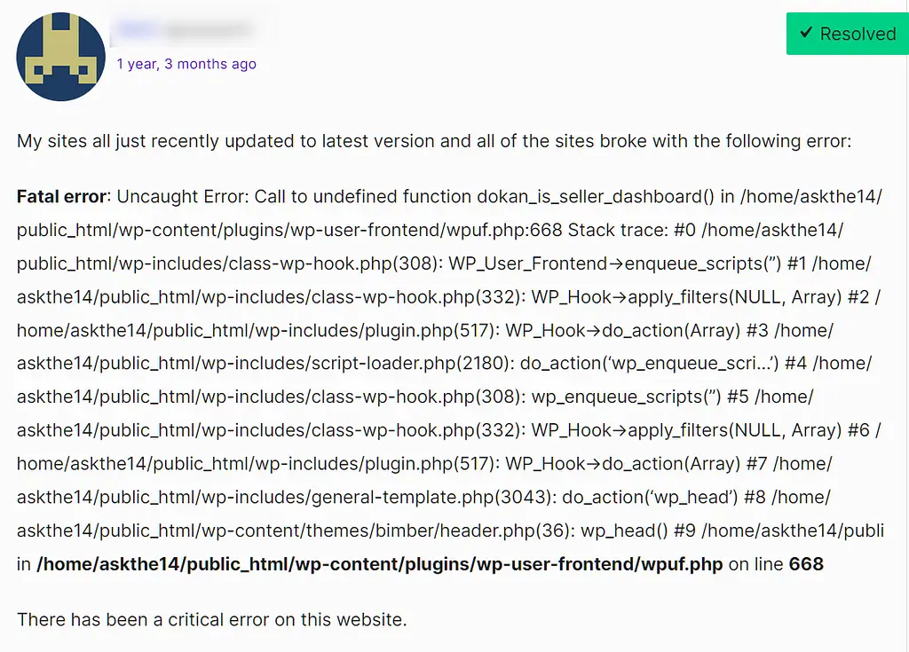 Post del forum WordPress sui siti di qualcuno che si interrompono dopo un aggiornamento di WordPress con un "Errore irreversibile"