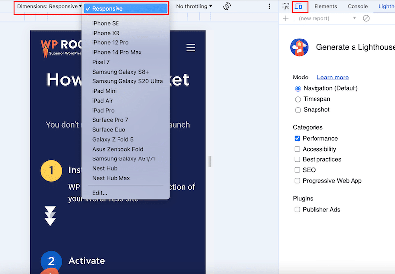 Test della reattività su DevTools di Chrome - Fonte: DevTools di Chrome