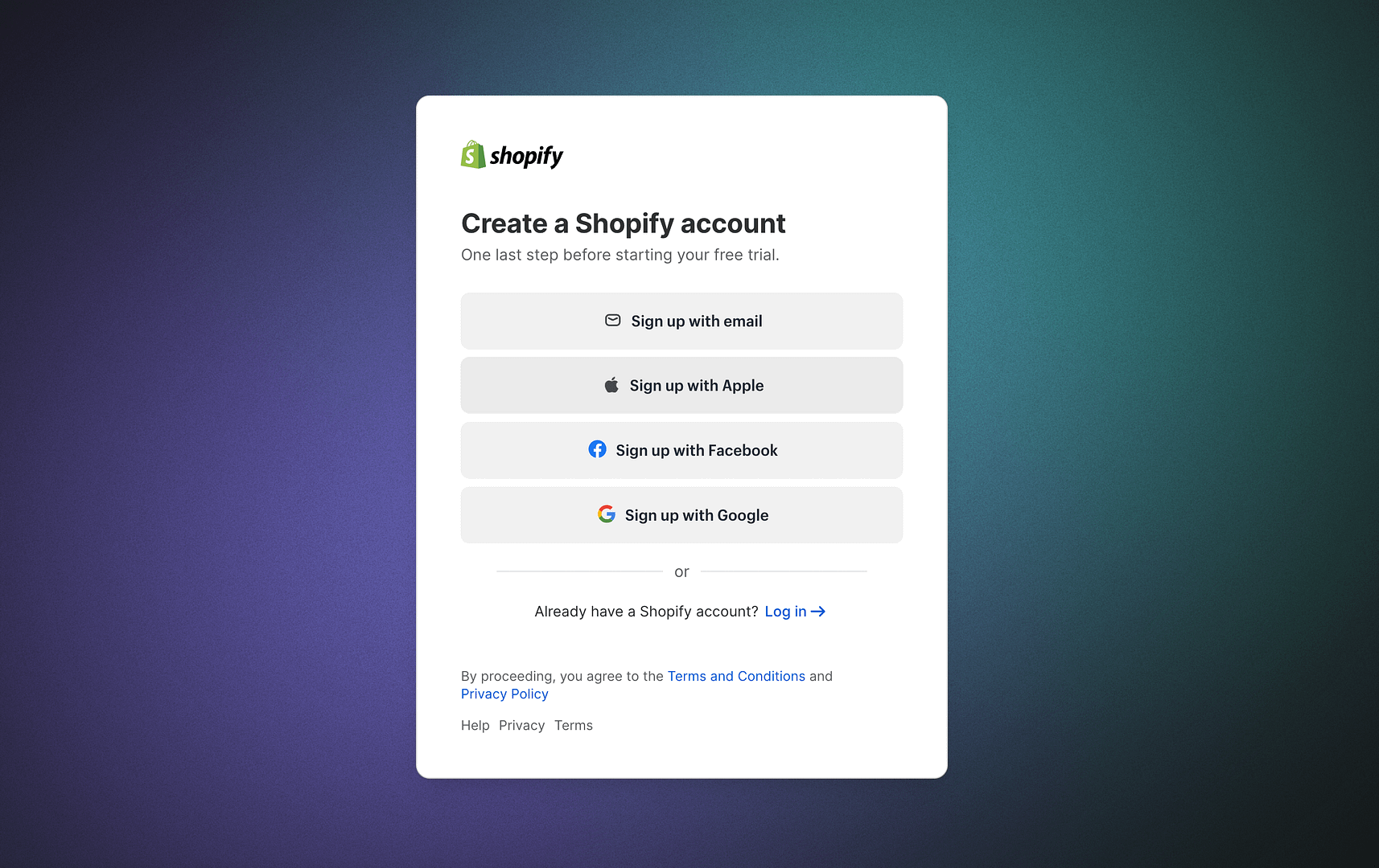 Создайте учетную запись Shopify.