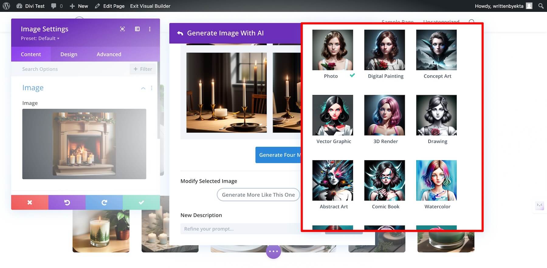 Divi AI con muchas opciones de estilo para personalizar la imagen con AI