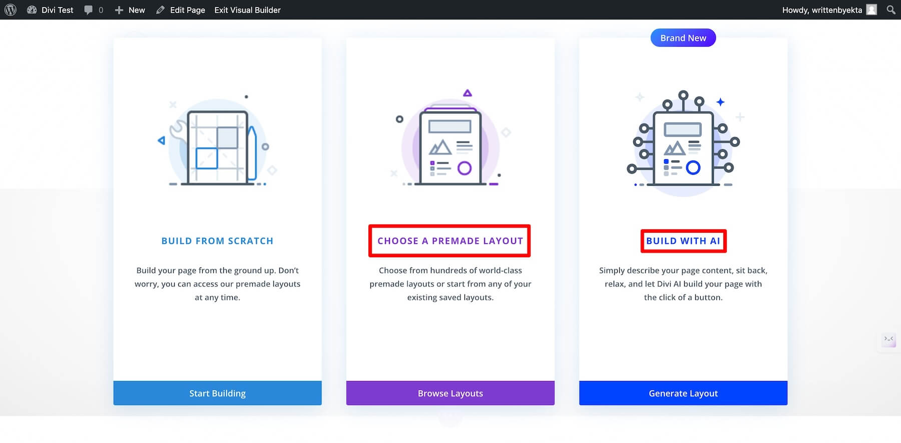 Divi-Builder-Option zur Auswahl eines vorgefertigten Layouts oder zur Generierung eines mit KI