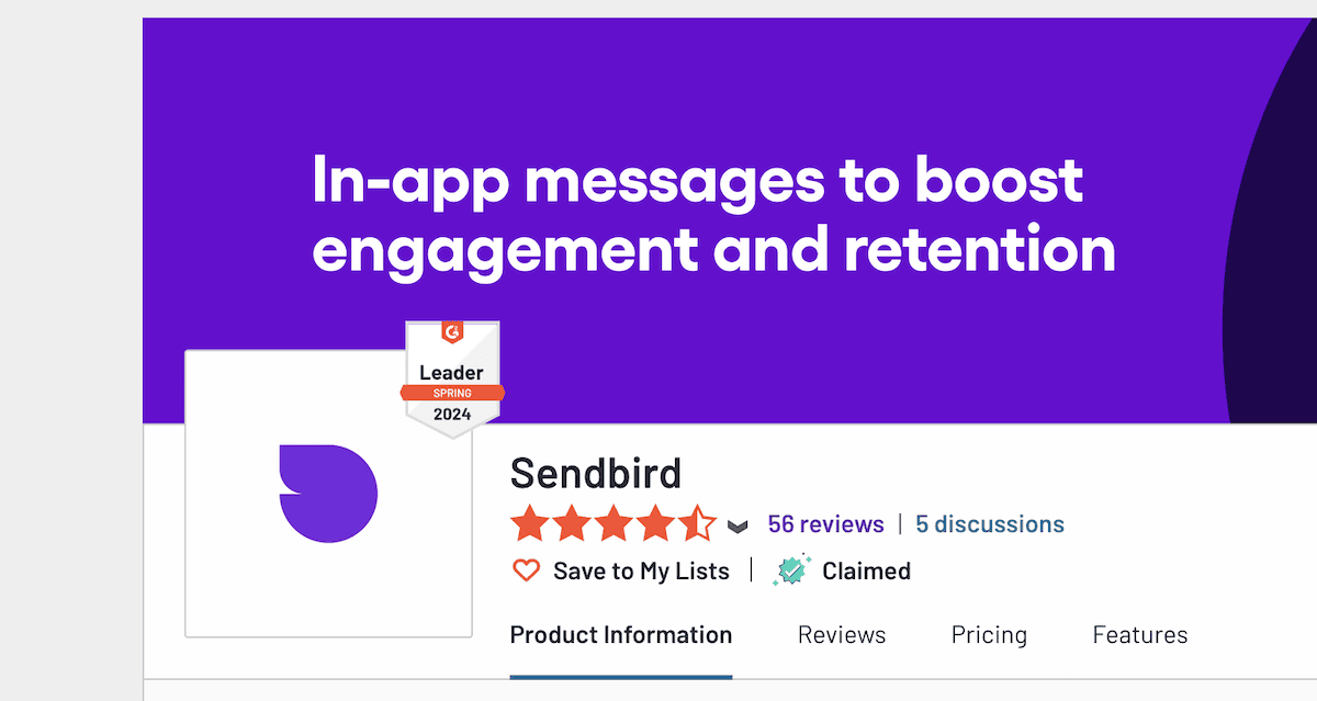 G2 web sitesindeki Sendbird bilgi paneli.