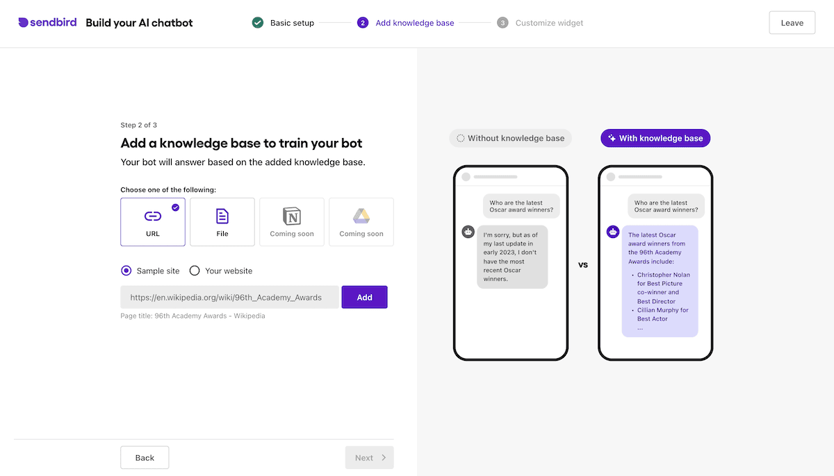 Sendbird'de botunuzun eğitim külliyatına bilgi dosyaları ekleme.