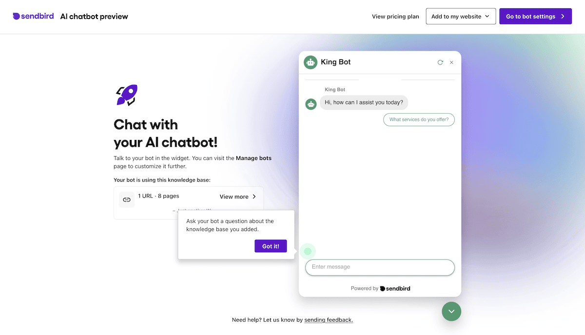 معاينة chatbot AI داخل Sendbird.