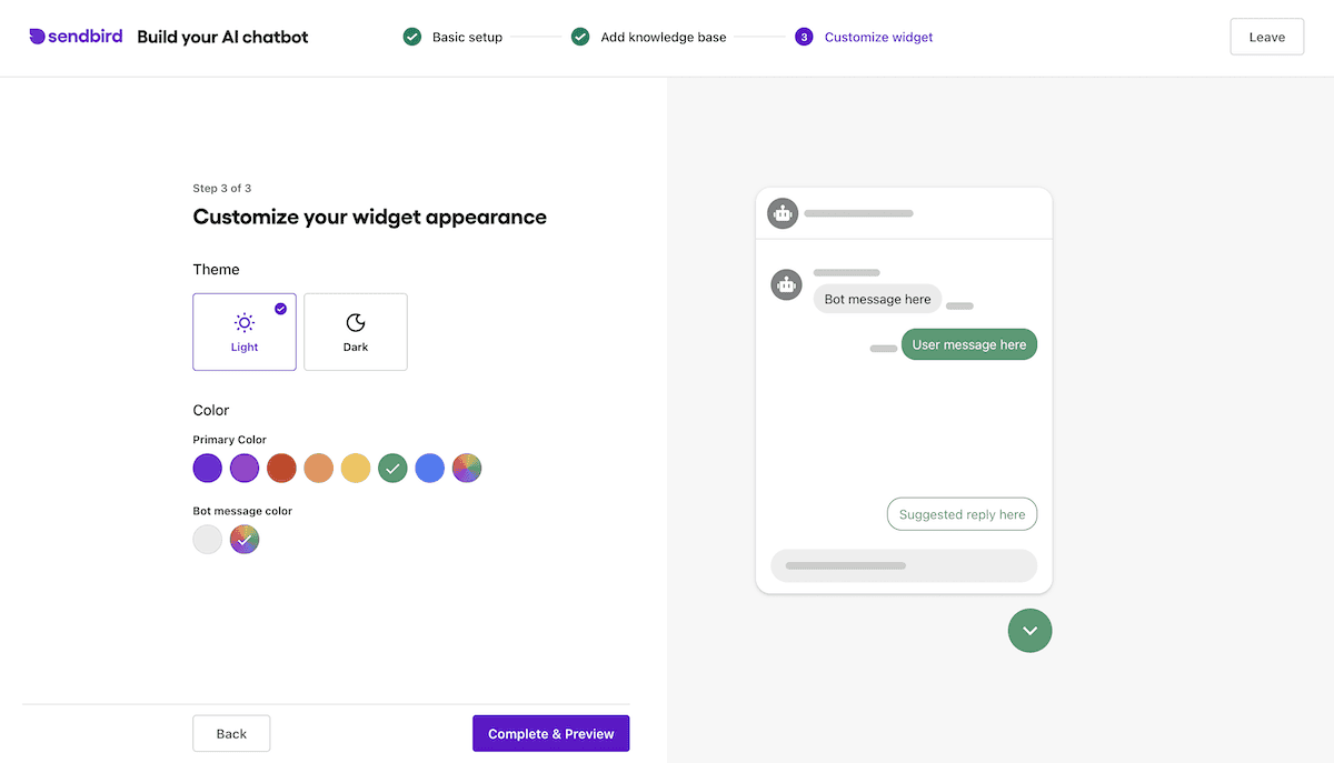 Personalizzazione del chatbot all'interno della procedura guidata di onboarding di Sendbird.