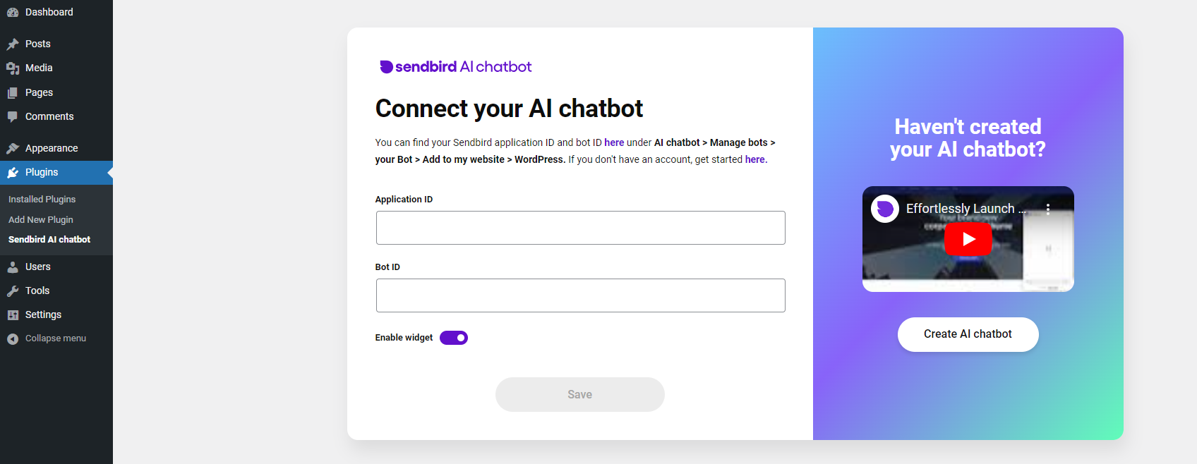 La schermata del plugin WordPress Sendbird che mostra i campi per connettere il tuo chatbot.