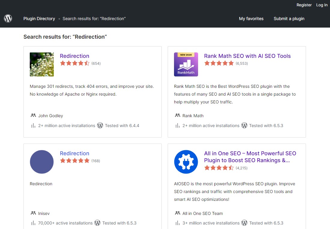 在 WordPress.org 外掛目錄中搜尋重定向外掛程式的結果